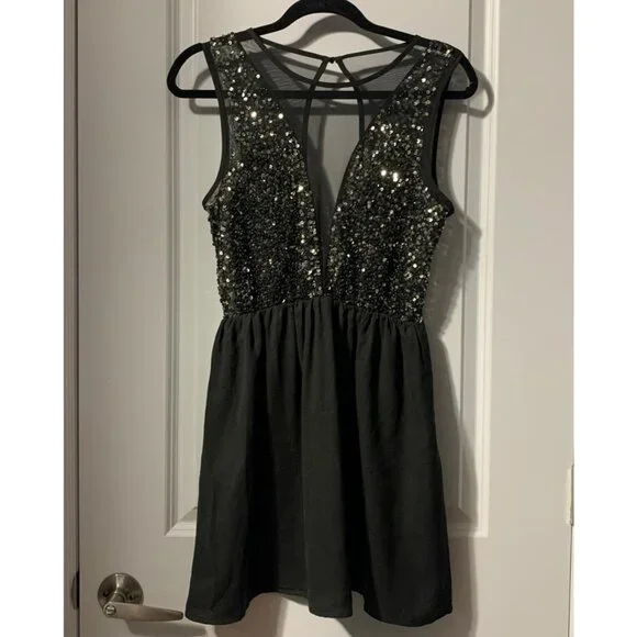 Forever 21 | Dresses | Forever 2 Black Sheer Plunge Mini Dress M Silver  Sequin Party Cocktail Dress | Poshmark